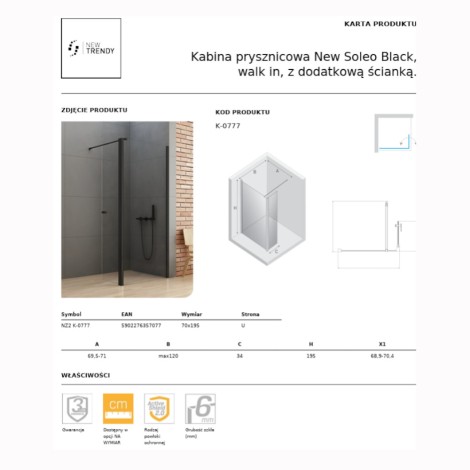 New Trendy New Soleo Black kabina prysznicowa walk-in z dodatkową ścianką 70 cm czarna