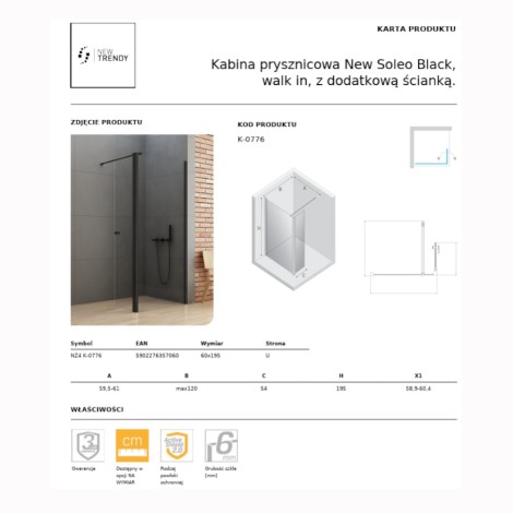 New Trendy New Soleo Blacka kabina prysznicowa walk-in z dodatkową ścianką 60 cm czarna