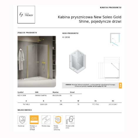New Trendy New Soleo kabina prysznicowa prostokątna drzwi pojedyncze 80x120 cm złota
