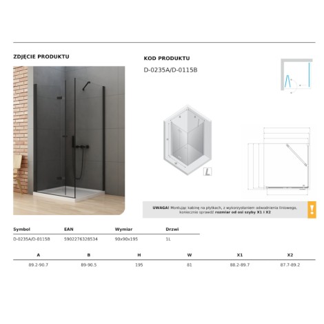 New Trendy New Soleo Black kabina prysznicowa kwadratowa drzwi pojedyncze składane lewe 90x90x195