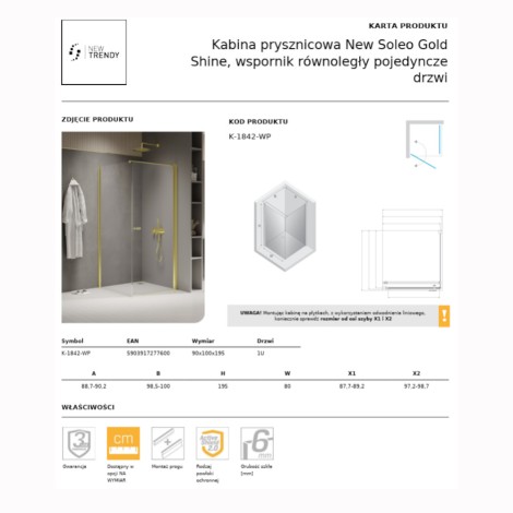 New Trebdy New Soleo kabina prysznicowa prostokątna drzwi pojedyncze, wspornik równoległy 90x100 cm