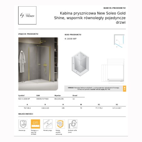 New Trendy New Soleo kabina prysznicwa prstokątna drzwi pojedyncze, wspornik równoległy 80x120 cm z