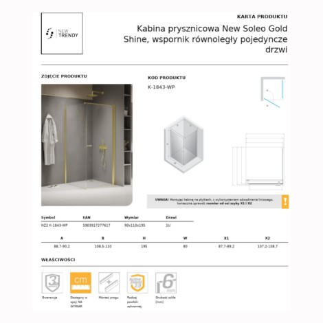New Trendy New Soleo kabina prysznicowa prostokątna drzwi pojedyncze, wspornik równoległy 90x110 cm