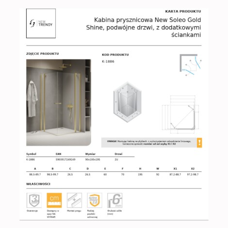 New Trendy New Soleo kabina prysznicowa prostokątna drzwi podwójne z dodatkowymi ściankami 90x100 c