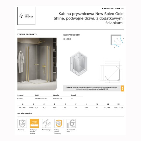 New Trendy New Soleo kabina prysznicowa prostokątna drzwi podwójne z dodatkowymi ściankami 90x120 c