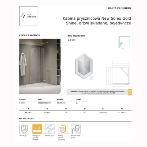 New Trendy New Soleo kabina prysznicowa kwadratowa drzwi składane pojedyncze lewe 90x90 cm złota
