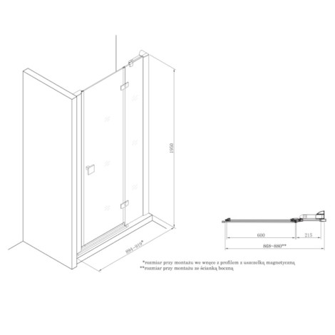Roca Metropolis drzwi skrzydłowe z polem stałym 90 cm - rysunek techniczny.