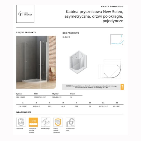 New Trendy New Soleo kabina prysznicowa asymetryczna drzwi pojedyncze, półokrągłe 120x85 cm chrom