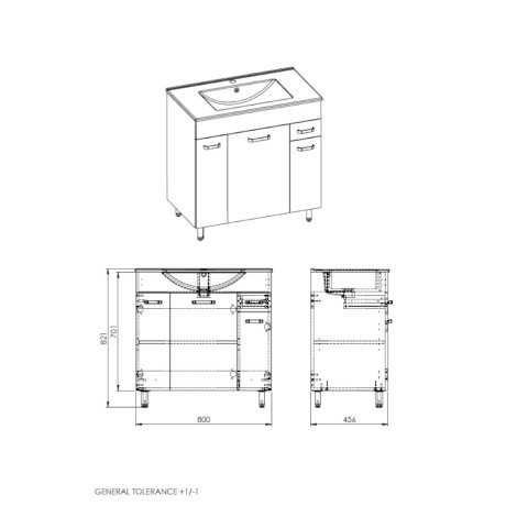 Elita Sunn kyra komplet szafka z umywalką 80 biały - rysunek techniczny