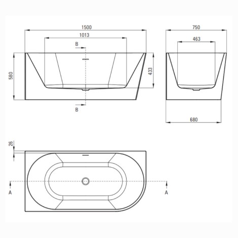 Deante Silia wanna narozna lewa 150 cm - rysunek techniczny.