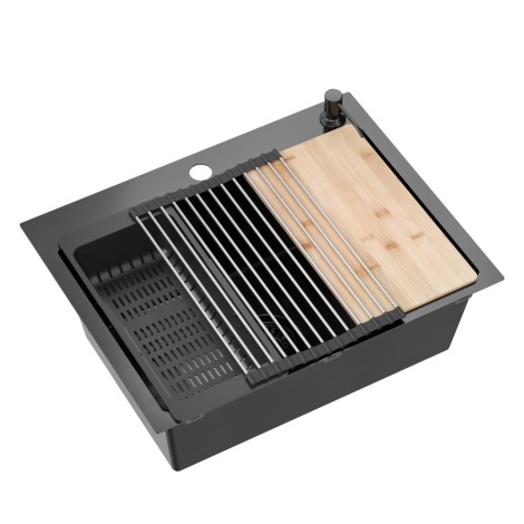 QUADRON LUKE 110 Workstation zlewozmywak stalowy, jednokomorowy, wpuszczany,58x45 black metal + des